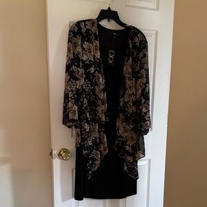 R&K Black Dress with Sheer Floral Overlay in Beige and Taupe